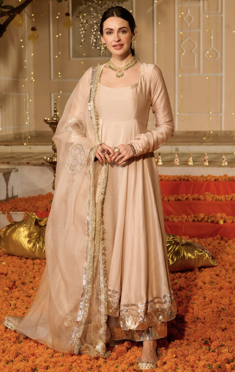 Padma Beige Solid Chanderi Suit Set