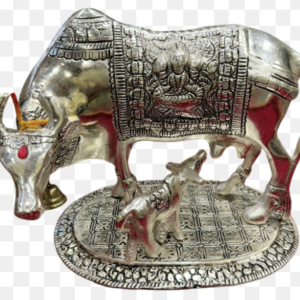 Silver-Plated Kamadhenu Cow and Calf Statue with Detailed Engravings | Auspicious Home Decor & Vastu Item