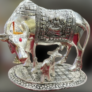 Oxidized Silver Kamdhenu Cow and Calf Idol | Decorative Gau Mata & Calf Showpiece for Home Temple & Vastu
